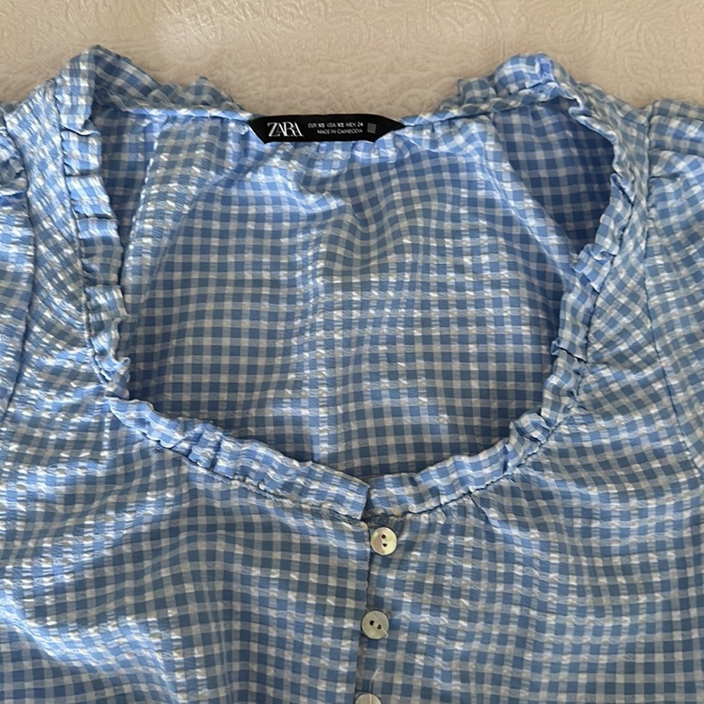 🛍️FINAL SALE🛍️ZARA 2 PCs Blue-White Gingham Crop Top & Pleated Split Skirt/Skort - Picture 8 of 10